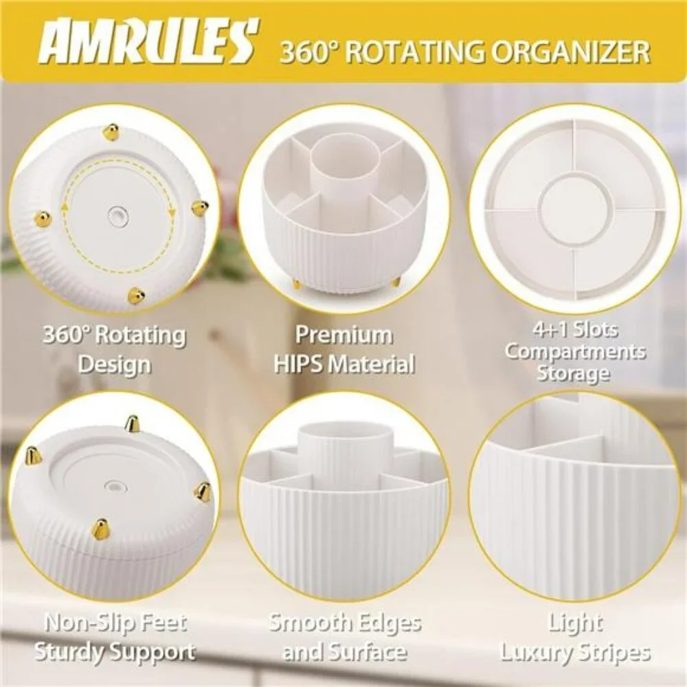 Rotating Makeup Organizer Brush Holder Desktop Cosmetic Storage Box White